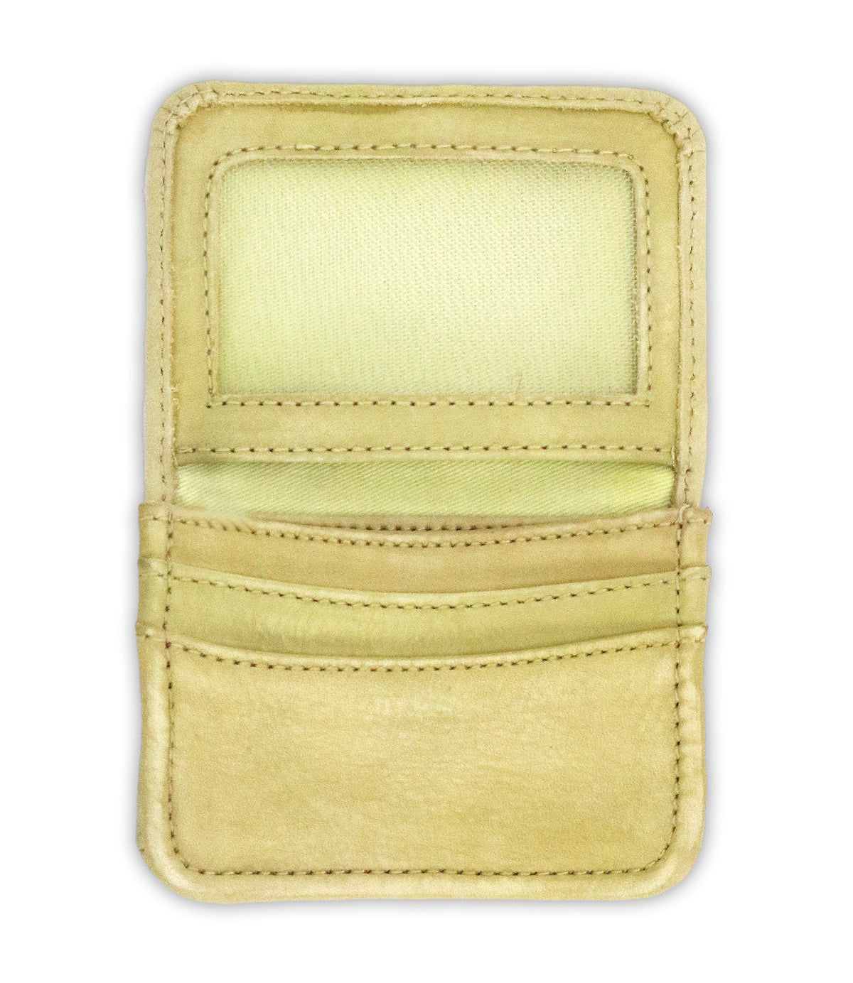 The Bed Stu Jeor is a rustic beige leather card holder with a clear ID slot on top and three credit card slots below, shown flat on a white background.