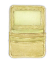 The Bed Stu Jeor is a rustic beige leather card holder with a clear ID slot on top and three credit card slots below, shown flat on a white background.