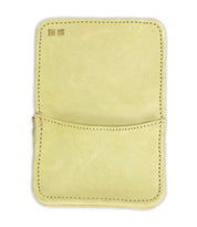 The Bed Stu Jeor is a beige rustic leather card holder with visible stitching, featuring a single large inside pocket.