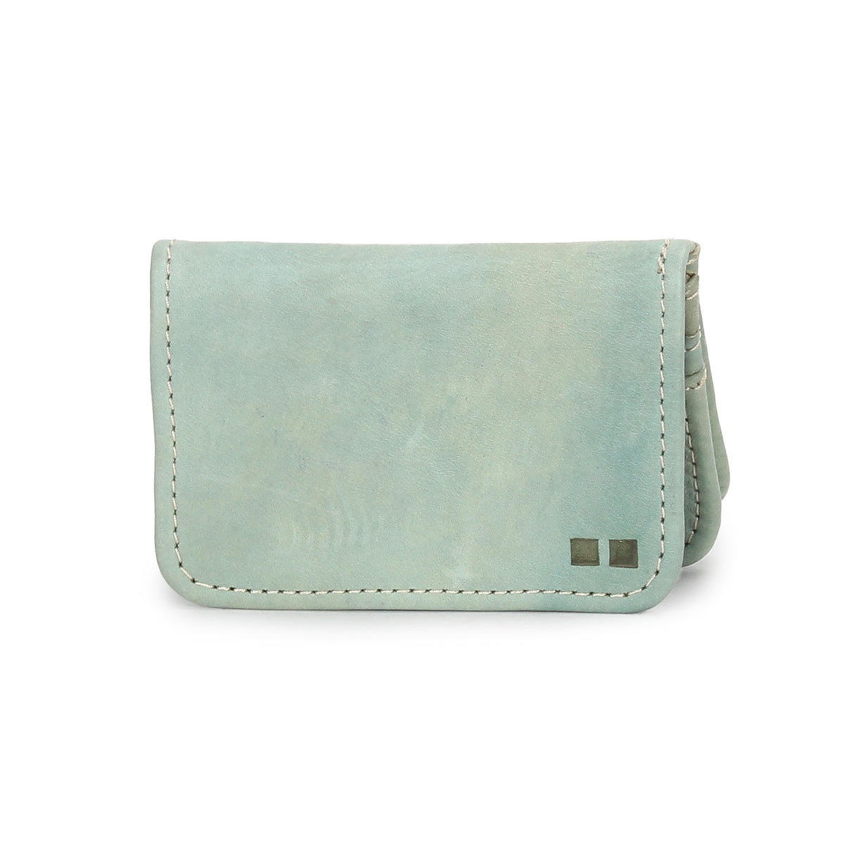 The Jeor by Bed Stu is a small, light blue rustic leather card holder wallet featuring visible stitching, two small square metal accents in the lower right corner, and multiple credit card slots.