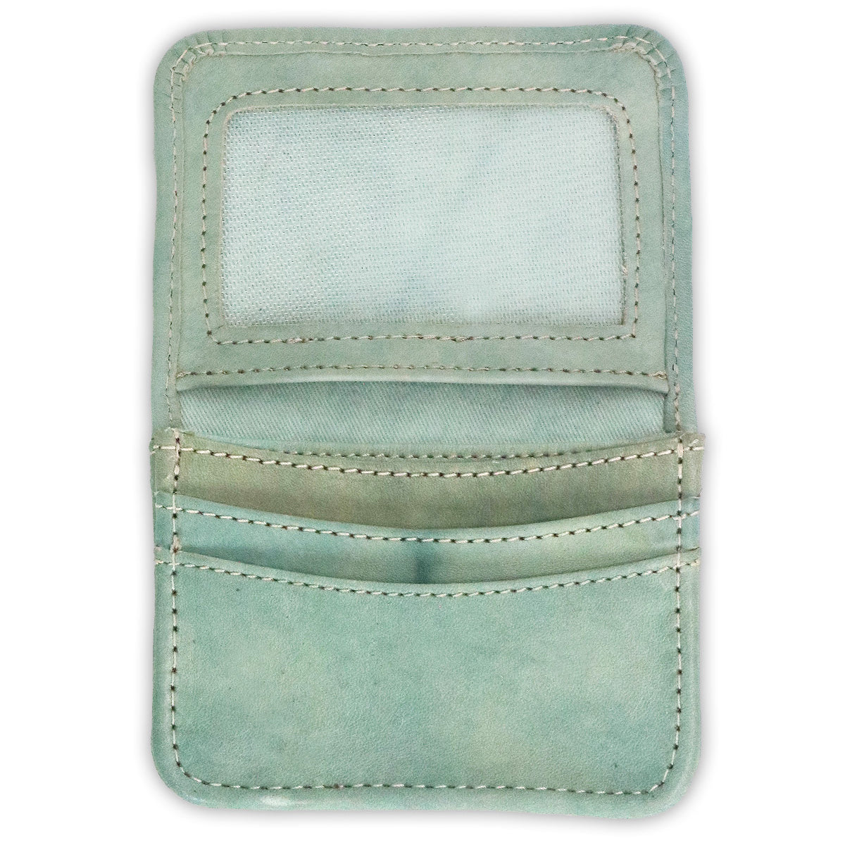The Bed Stu Jeor is an open light green rustic leather card holder with visible stitching, a clear ID holder, and two credit card slots.