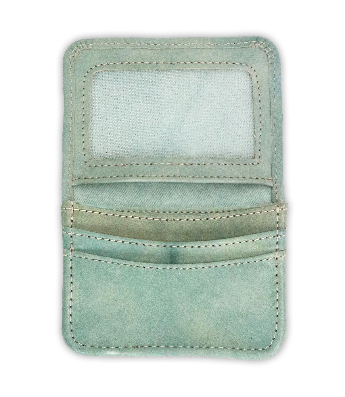 The Bed Stu Jeor is an open light green rustic leather card holder with visible stitching, a clear ID holder, and two credit card slots.