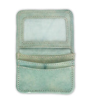 The Bed Stu Jeor is an open light green rustic leather card holder with visible stitching, a clear ID holder, and two credit card slots.