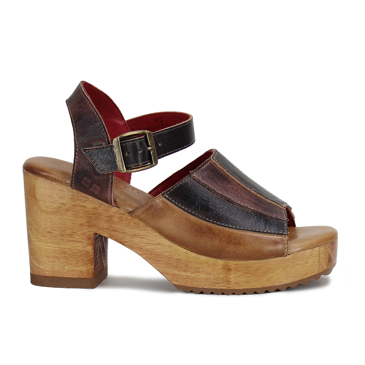 A Bed Stu women's Jetsetter sandal with a wooden heel and leather straps.