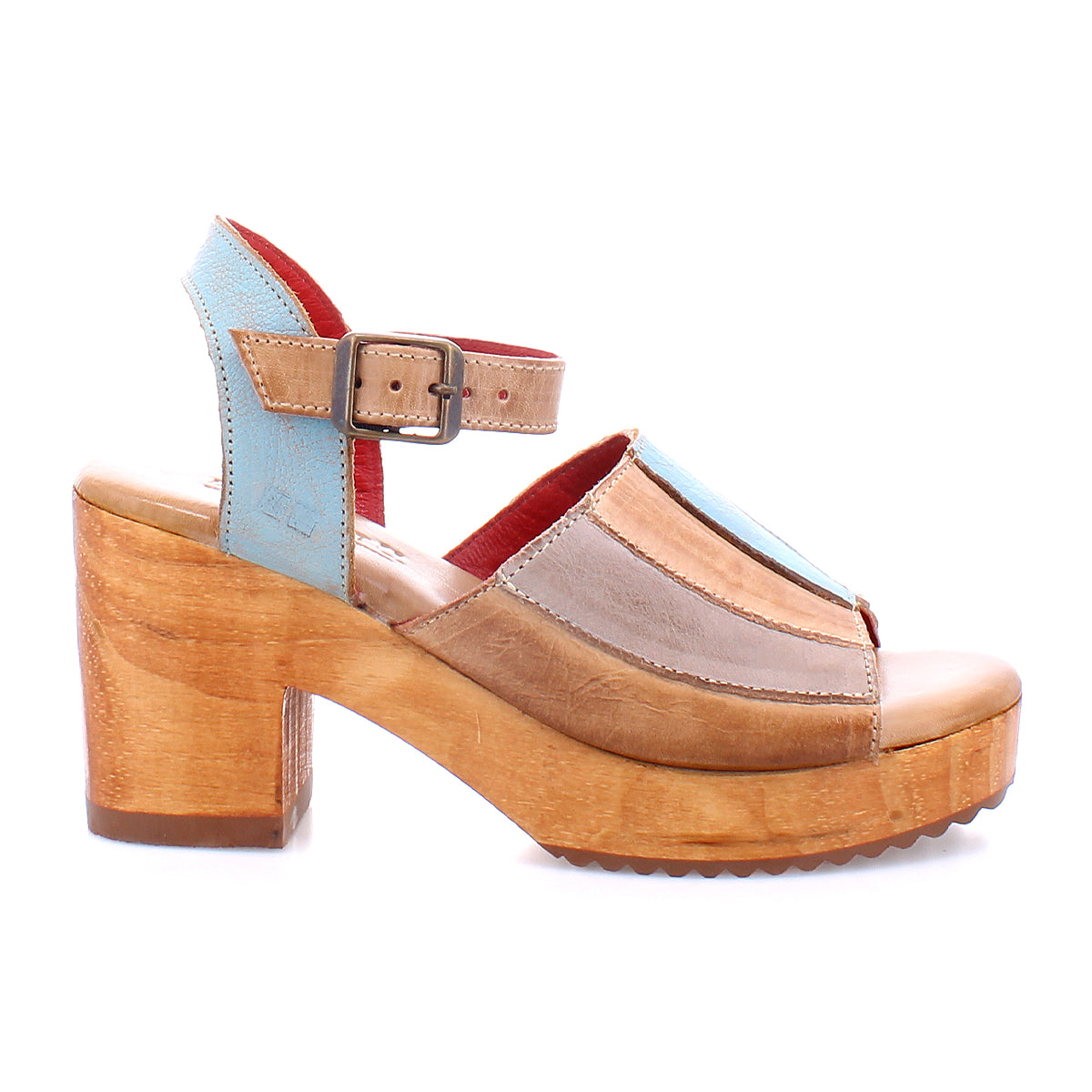 A pair of Bed Stu Jetsetter women's sandals with a wooden heel and leather finish.