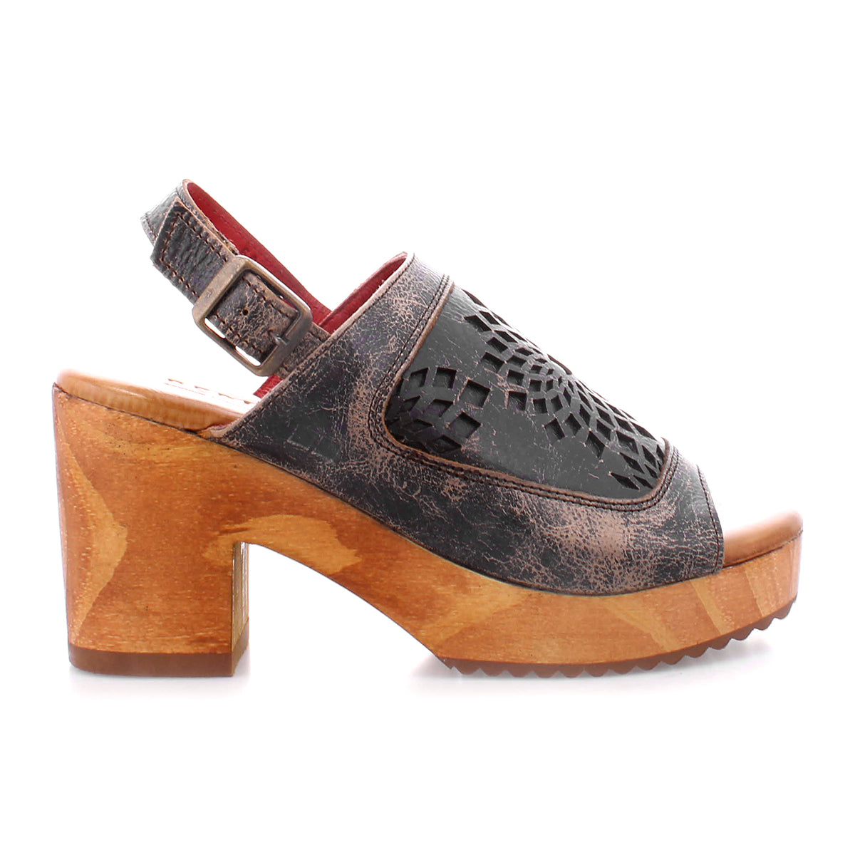 This women's Jinkie sandal by Bed Stu features an adjustable ankle buckle and a wooden platform, perfect for those looking for a stylish and comfortable heel option.