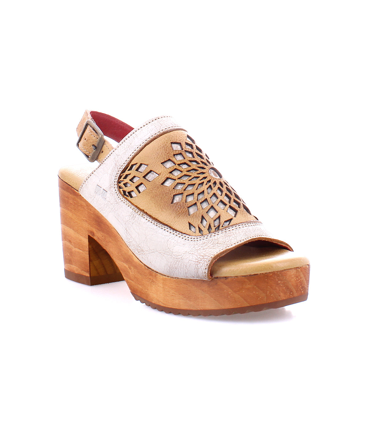 An open-toe women's sandal with a wooden platform and an adjustable ankle buckle called Jinkie by Bed Stu.