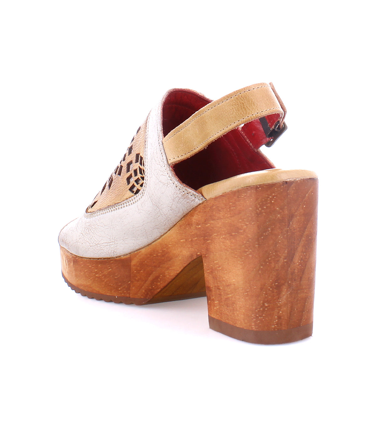 A pair of Bed Stu Jinkie women's open-toe leather shoes with a wooden heel.