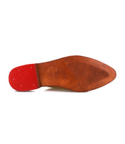 The image shows the sole of the Bed Stu Jockey dress shoe in brown leather with a red heel, textured front grip, and a sleek design—ideal for formal occasions.