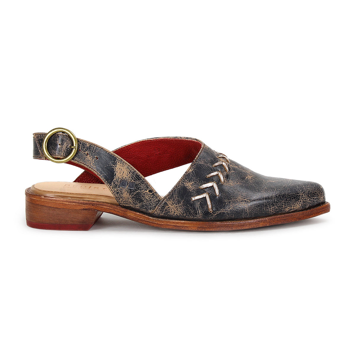 The Bed Stu Join is a single black distressed leather slingback shoe featuring a low wooden heel, side buckle, decorative upper stitching, and a pointed toe.