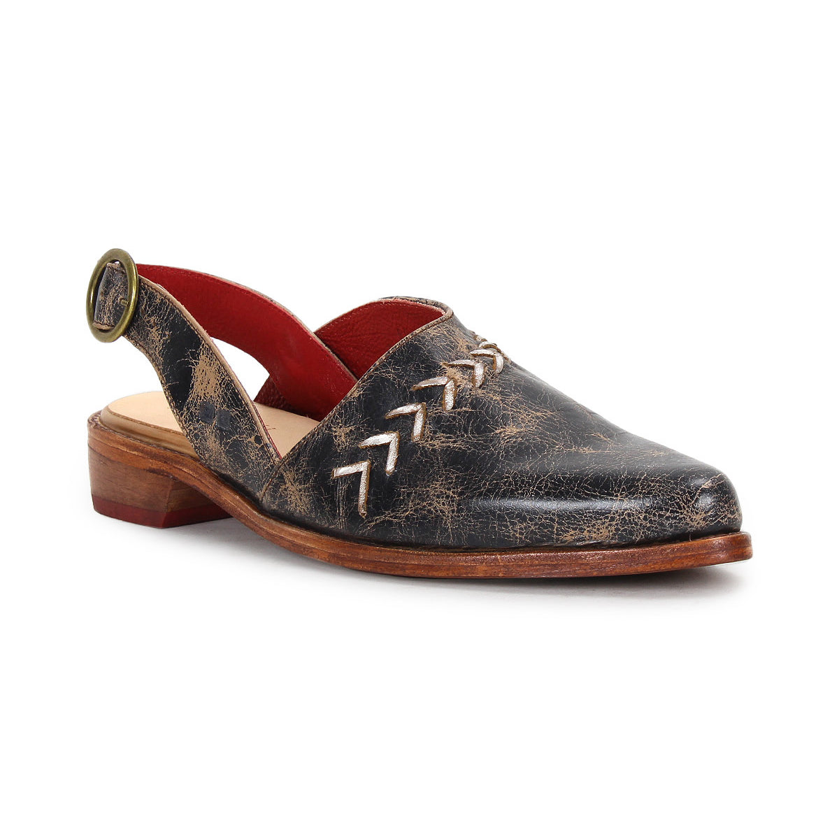 The Bed Stu Join is a black distressed leather slingback shoe featuring a low wooden heel, pointed toe, side buckle, red inner lining, and decorative stitching on the upper.