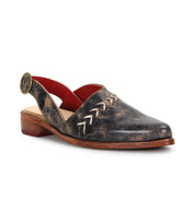 The Bed Stu Join is a black distressed leather slingback shoe featuring a low wooden heel, pointed toe, side buckle, red inner lining, and decorative stitching on the upper.