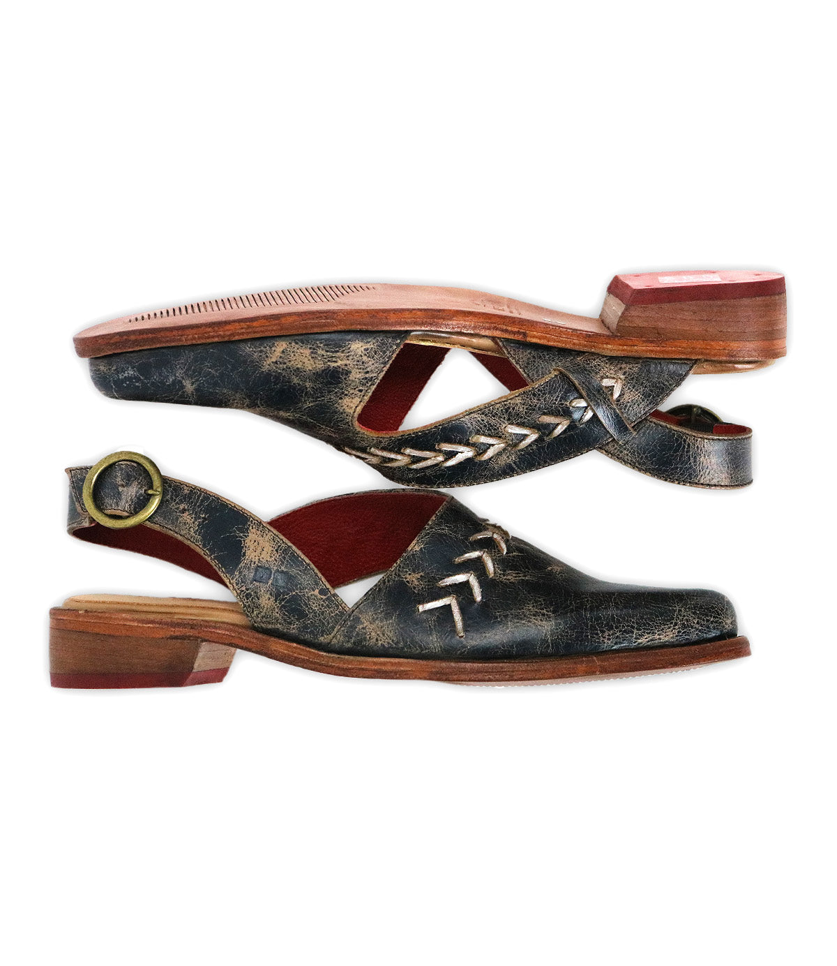 Bed Stu’s "Join" vintage-style leather slingback shoes feature pointed toes, wooden soles, decorative stitching, a side buckle, and low heels, shown stacked in a side view.