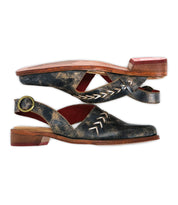 Bed Stu’s "Join" vintage-style leather slingback shoes feature pointed toes, wooden soles, decorative stitching, a side buckle, and low heels, shown stacked in a side view.