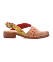 Join by Bed Stu is a tan leather slingback with a pointed toe, low wooden heel, side buckle, red interior lining, and decorative red stitching on the upper.