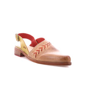 The Bed Stu Join is a tan leather slingback flat with a closed pointed toe, red side stitching, handwoven arrow inlays, a red interior strap, low brown heel, and ankle buckle.