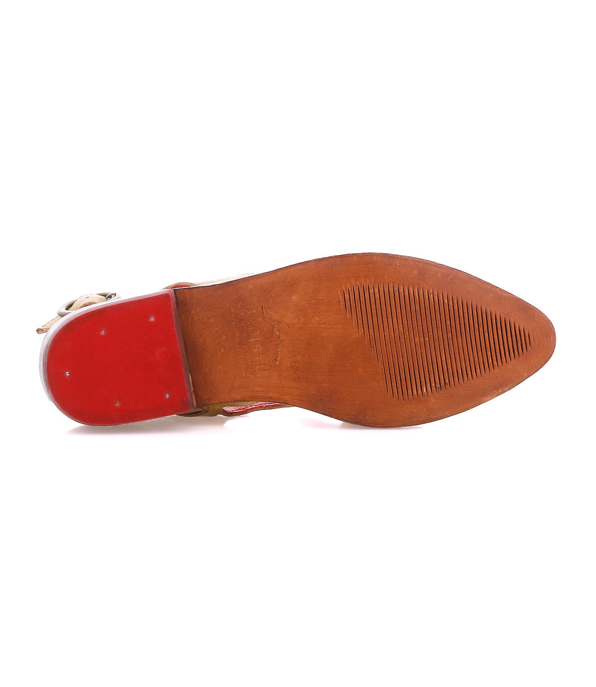 The image shows the bottom view of the Bed Stu Join tan leather dress shoe, featuring a wooden sole, red heel section, and pointed toe with horizontal grooves for traction.