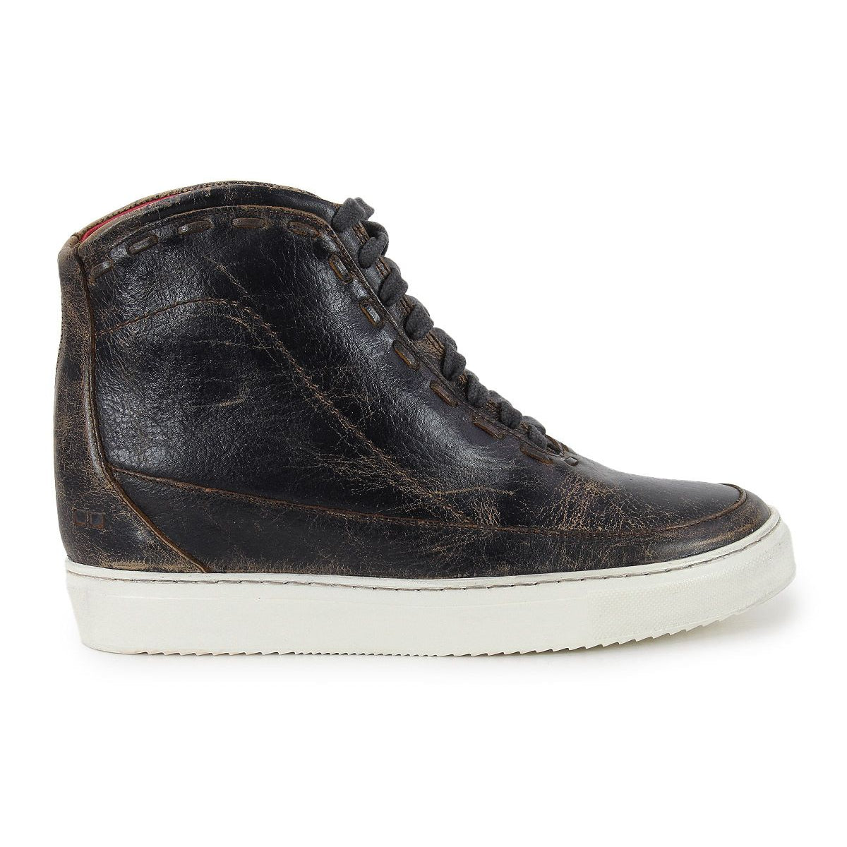 The Bed Stu Joyce II sneaker is a stylish, dark brown high-top leather shoe with a lace-up front and comfortable design, featuring white soles and shown from the side.
