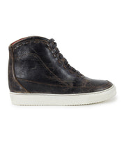 The Bed Stu Joyce II sneaker is a stylish, dark brown high-top leather shoe with a lace-up front and comfortable design, featuring white soles and shown from the side.