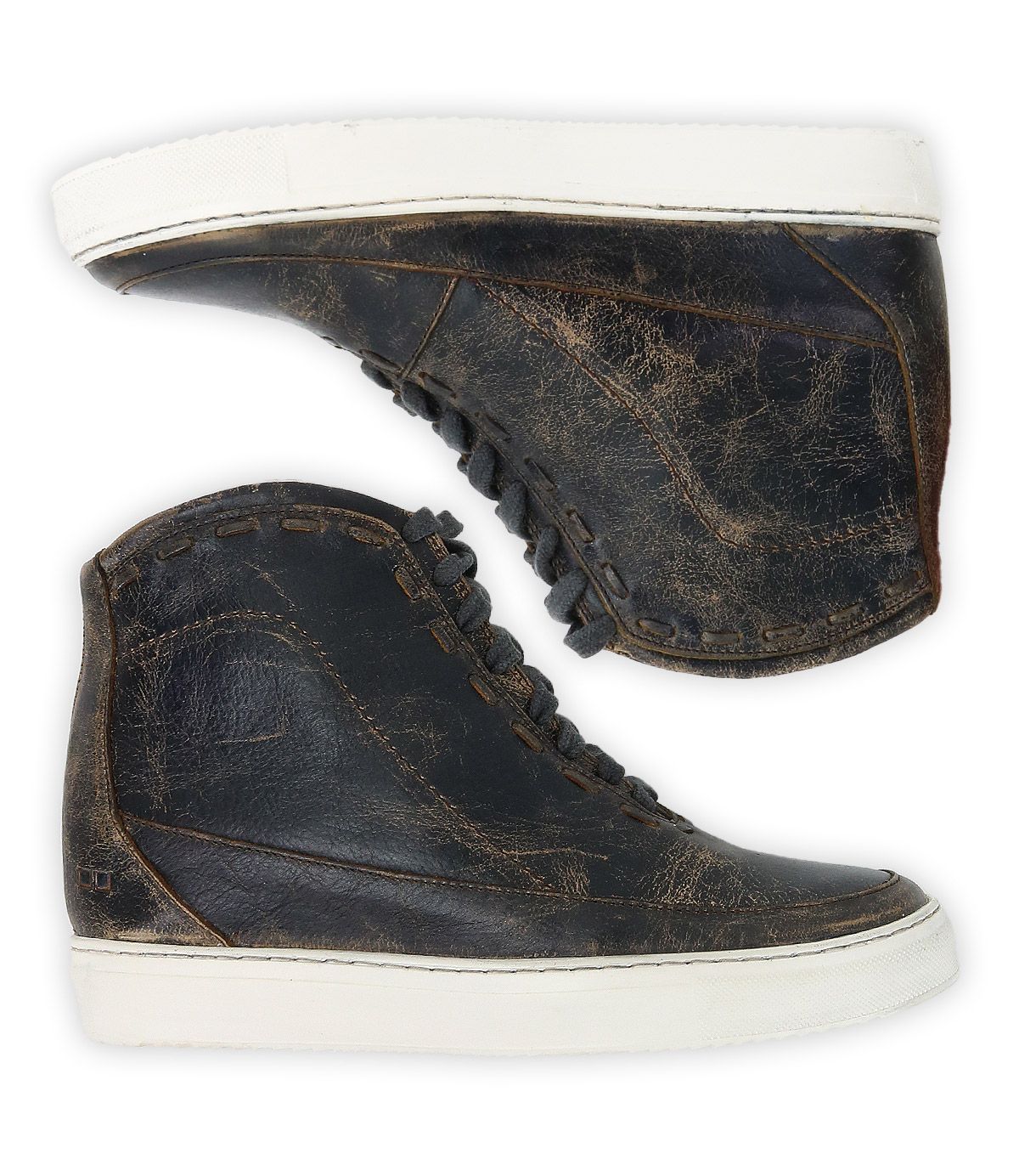 Two Joyce II high-top sneakers in black leather from Bed Stu feature hidden heels and white soles, with intricate stitching details and textured leather surfaces as they lie on their sides.