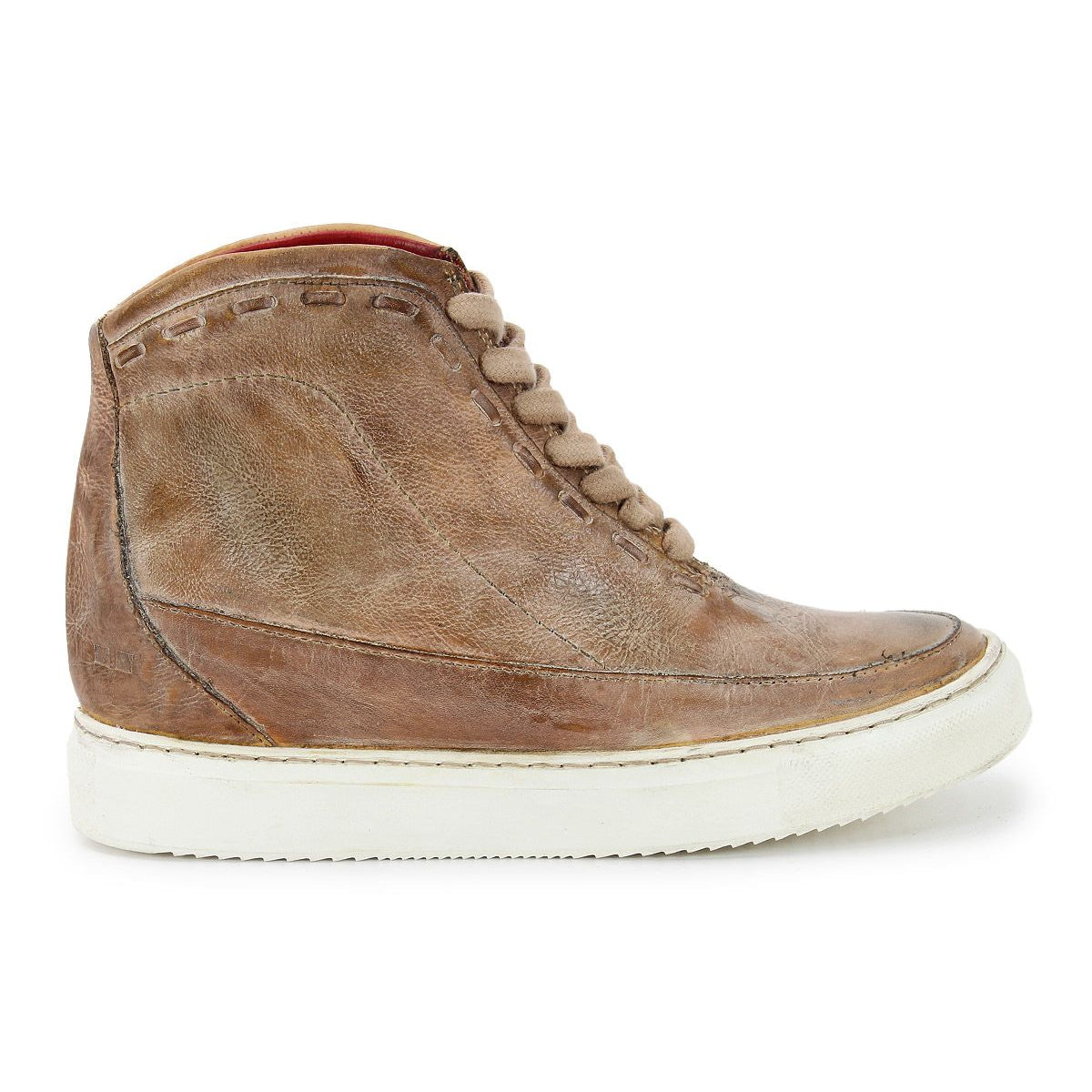 The Joyce II by Bed Stu is a brown leather high-top sneaker highlighted against a white background, featuring a lace-up front and hidden heel that blends style and comfort with its sleek design and white sole.