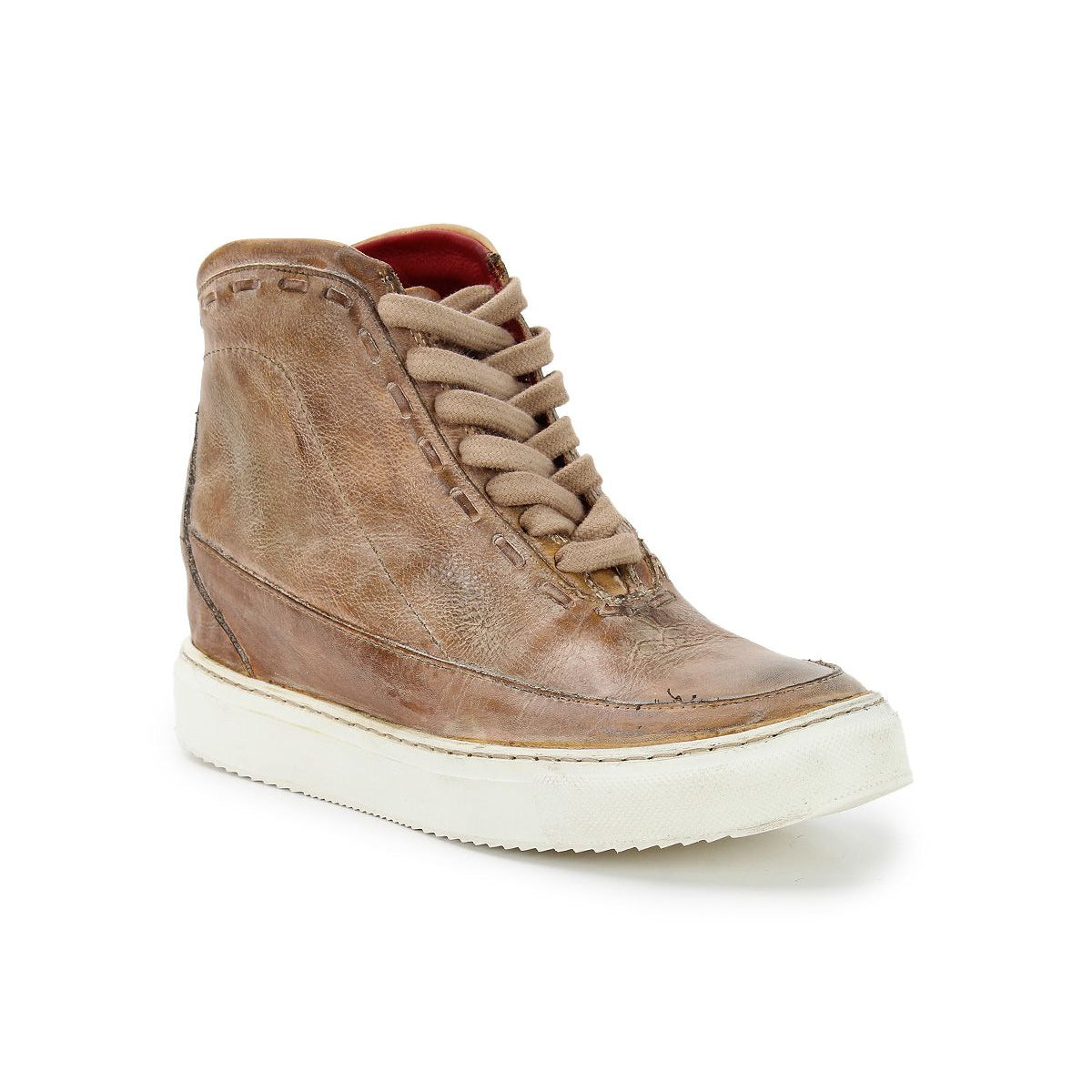 The Joyce II by Bed Stu is a brown leather high-top sneaker featuring a lace-up front, white sole, and beige laces. This stylish design offers hidden heel support for added comfort.