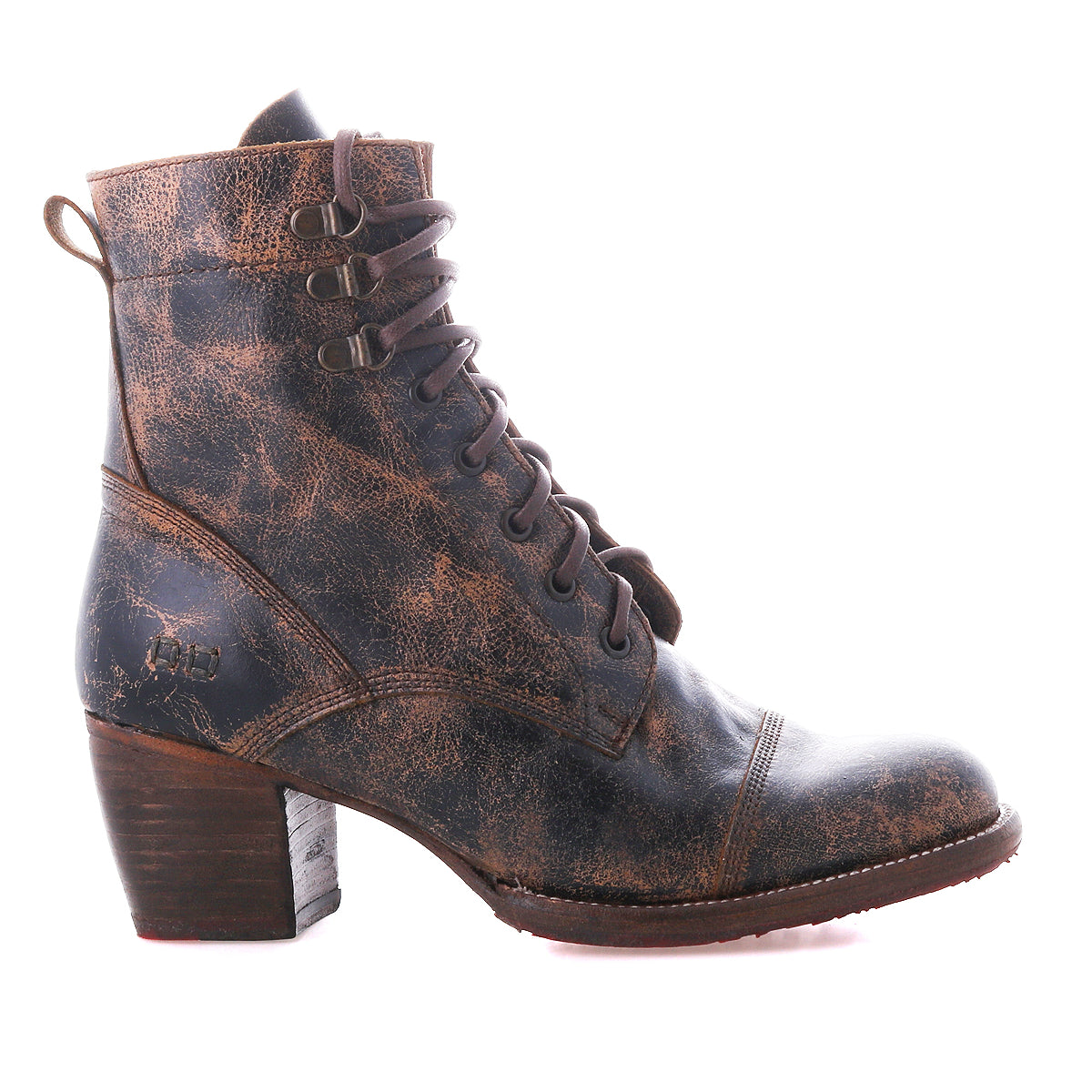The Bed Stu Judgement boot features a distressed brown finish, 8-eye lace-up design, stacked heel, visible scuff marks, and worn texture, shown on a white background.