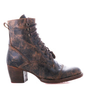 The Bed Stu Judgement boot features a distressed brown finish, 8-eye lace-up design, stacked heel, visible scuff marks, and worn texture, shown on a white background.