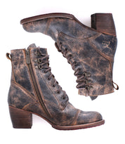 A pair of Bed Stu Judgement distressed brown leather boots with 8-eye lace-up fronts, side zippers, and stacked heels is displayed on a white background.
