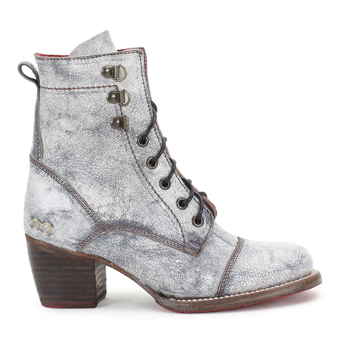 A lone, gray Bed Stu Judgement boot showcases a lace-up design and a distressed texture, highlighted by metallic accents and set on a chic block heel against a white backdrop.