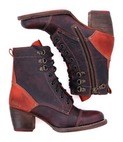 A pair of Judgement ankle boots by Bed Stu in brown and red, featuring 8-eye lace-up design, side zippers, and stylish wooden block heels.