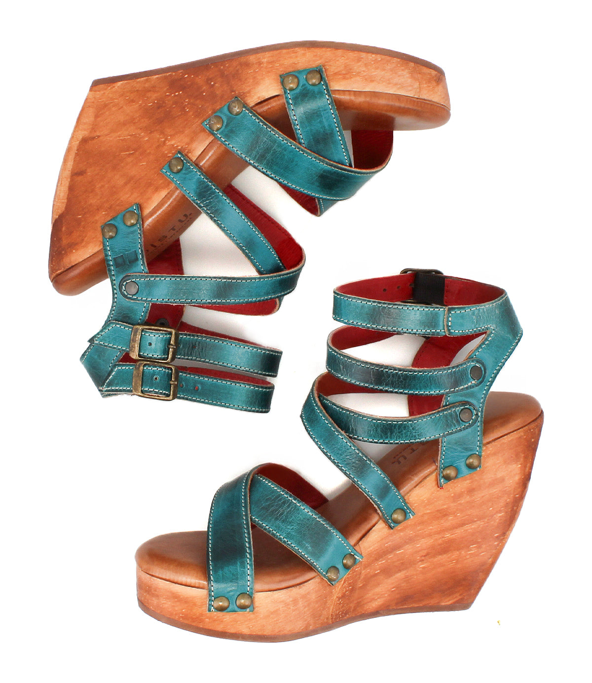 The Bed Stu Juliana II features teal platform sandals with a strappy upper, wooden wedge heels, and metal buckles, shown from side and top views.