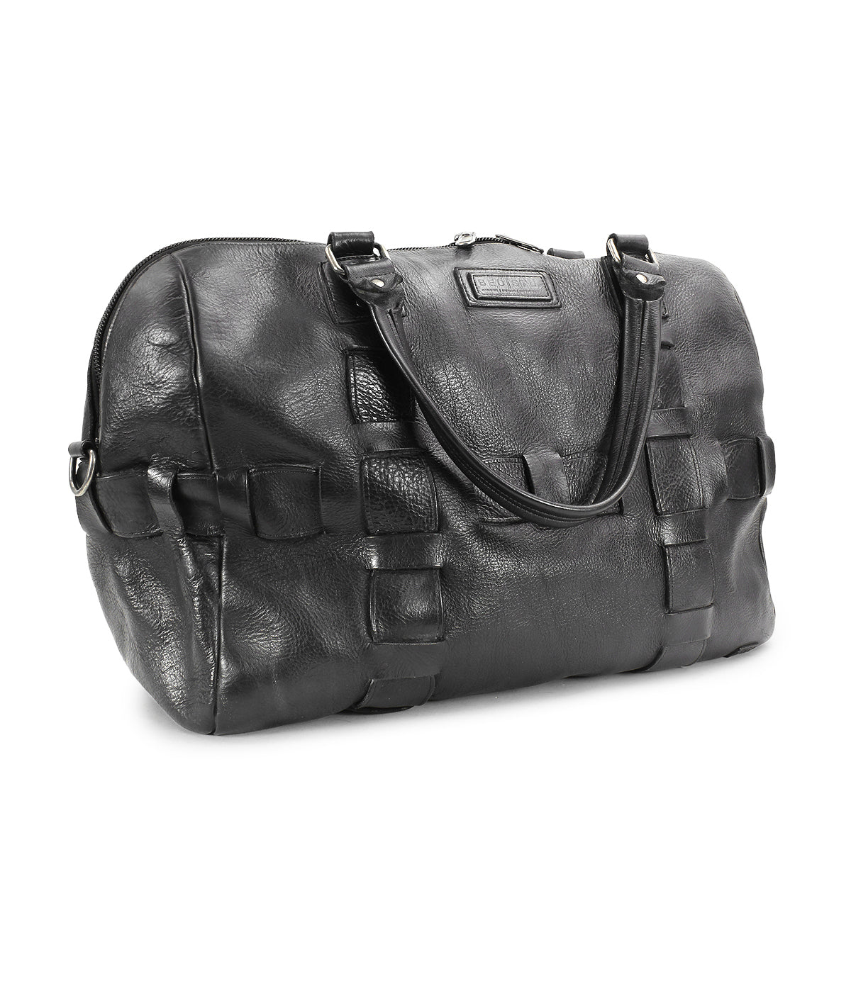 A black leather travel duffle bag with double handles and woven detailing on the sides, handcrafted from premium vegetable tanned leather, the Keg from Bed Stu.