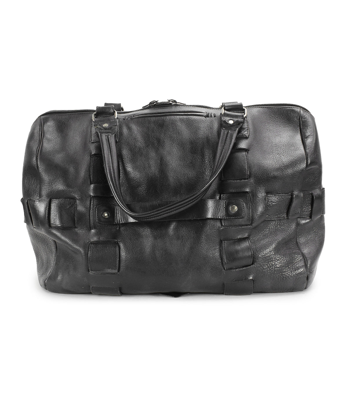 A handcrafted black leather travel duffle bag with two handles and a shoulder strap, featuring decorative buckles and a zippered top, made from premium vegetable tanned leather, the Keg by Bed Stu.