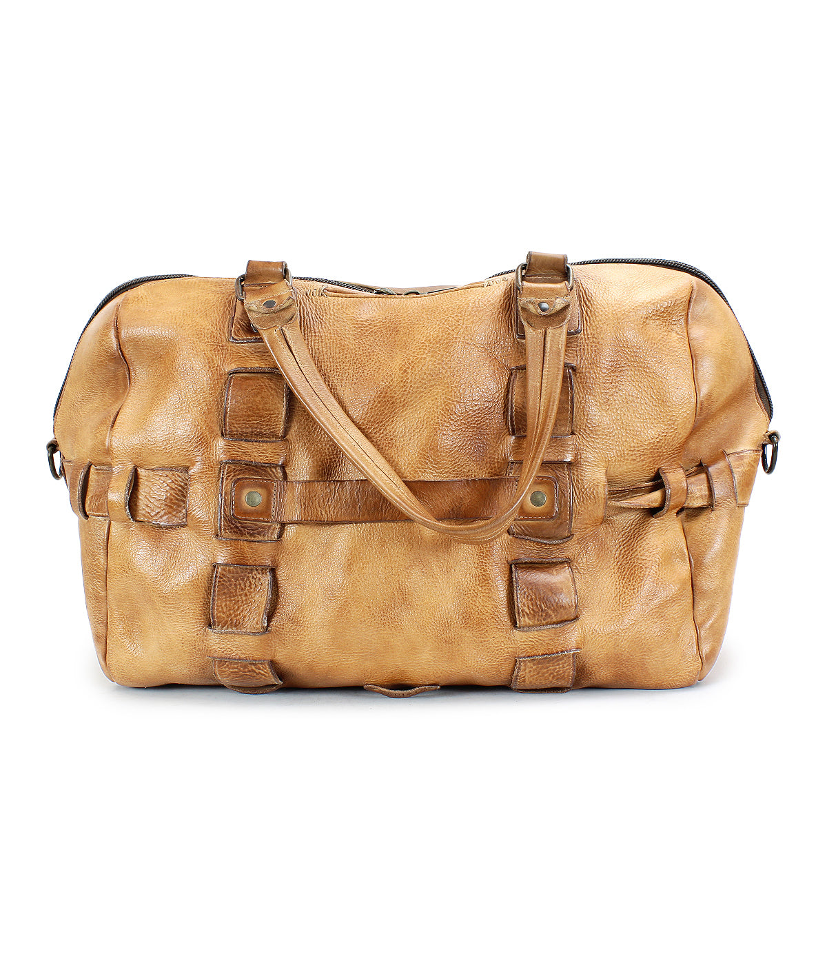A large, tan leather travel duffle bag called the Keg by Bed Stu with multiple straps and buckles is shown against a white background, showcasing its handcrafted quality and functional design.