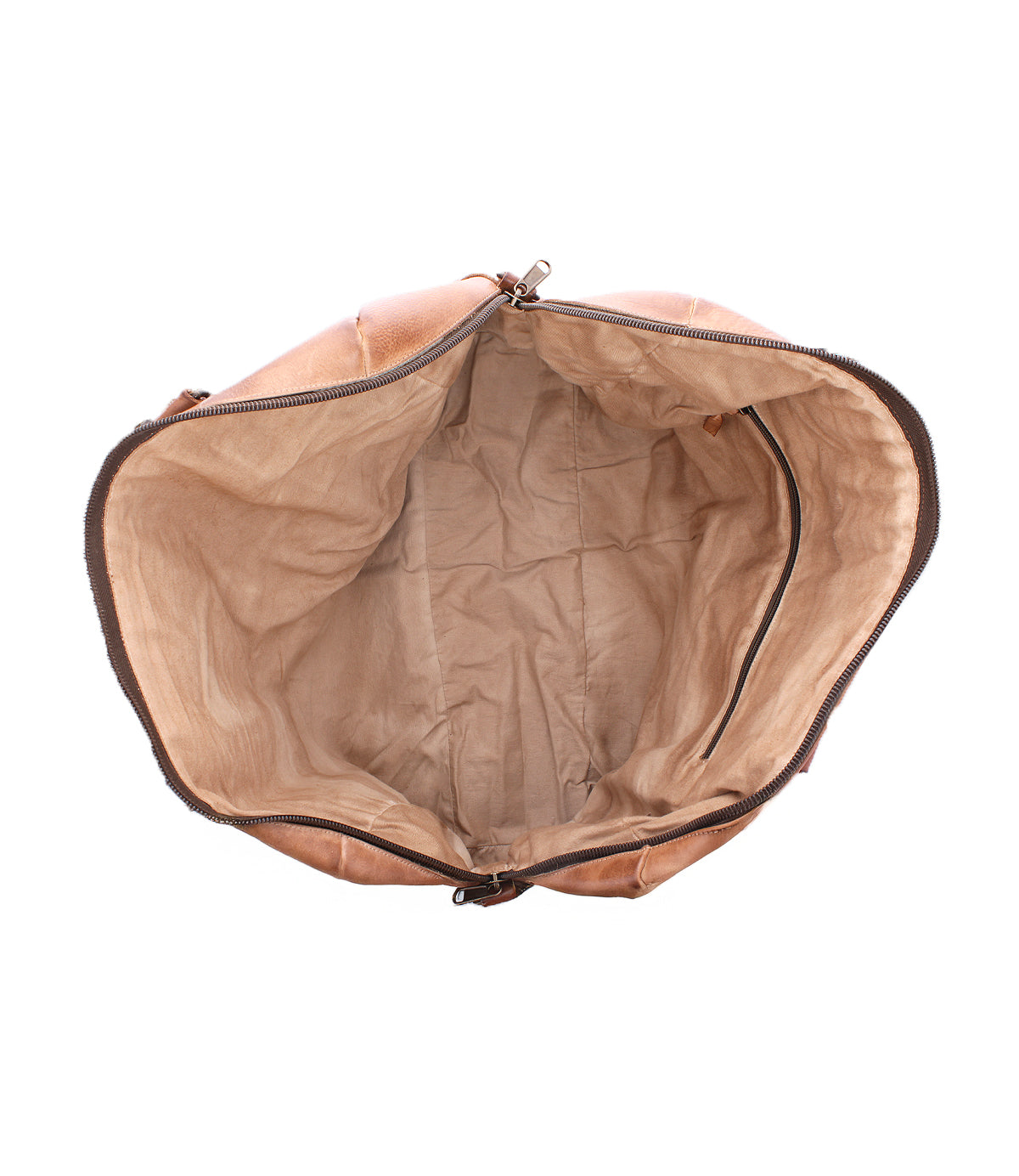 Top view of an empty, open Bed Stu Keg brown leather duffle bag featuring a beige fabric lining and zipper closure.