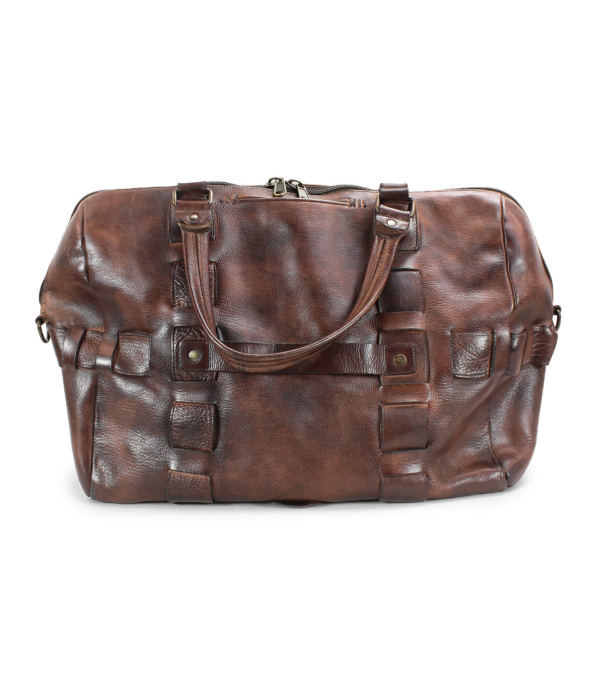 A handcrafted brown leather travel duffel bag with double handles and a zipper closure, made from vegetable tanned leather. The Keg by Bed Stu.