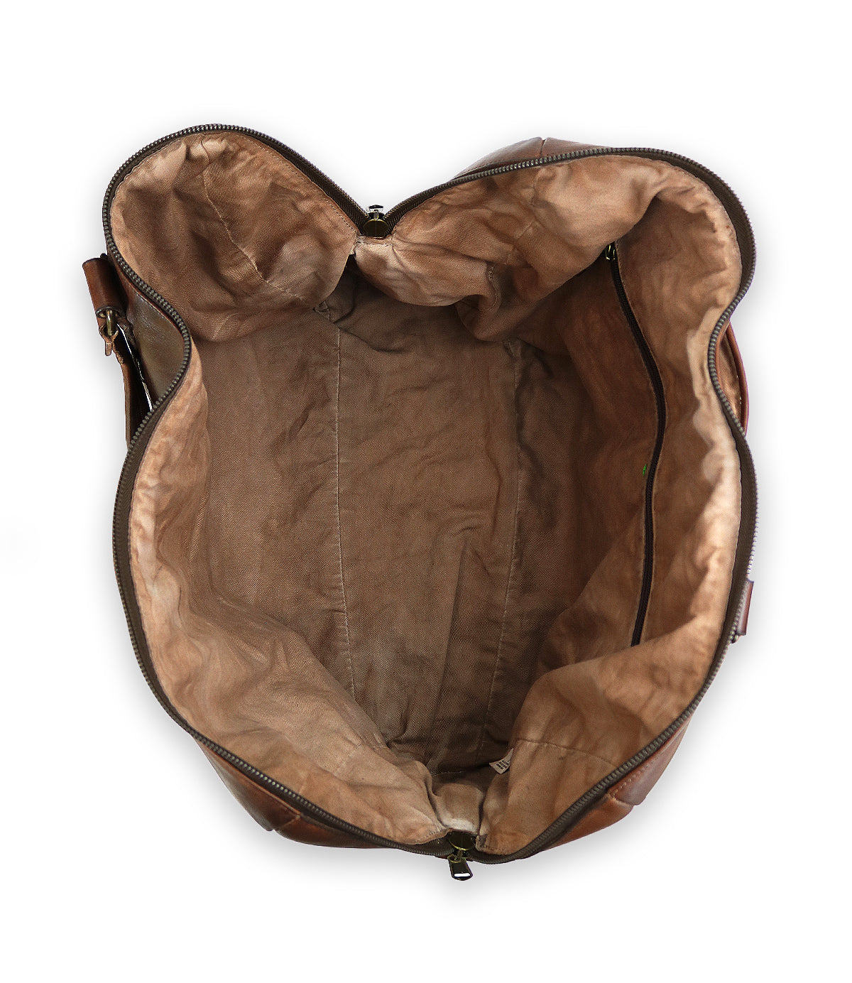 Top view of an empty, unzipped handcrafted brown leather travel duffle with a beige fabric interior, the Keg by Bed Stu.
