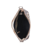 Top view of the open Keiki brown leather crossbody handbag by Bed Stu with a black interior and ziptop closure, showing the empty inside space and an adjustable strap.