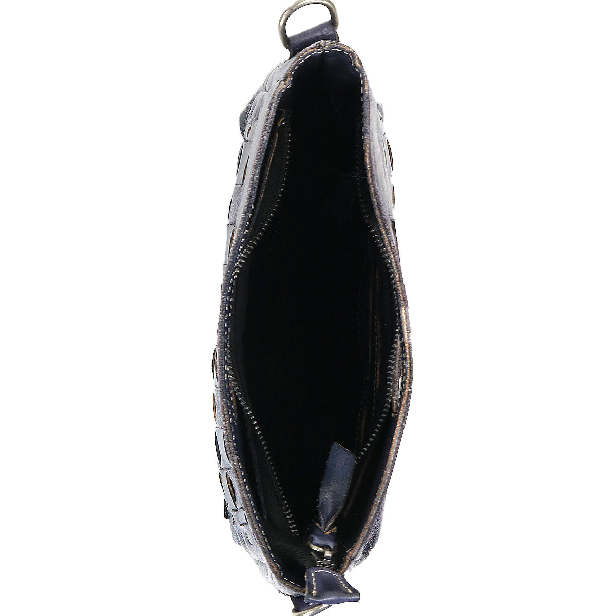 Top view of the Bed Stu Keiki, an open black leather crossbody bag with a zipper closure and adjustable strap, showing its empty interior against a white background.
