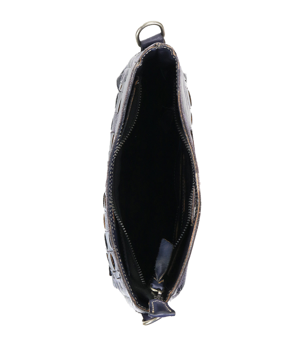 Top view of the Bed Stu Keiki, an open black leather crossbody bag with a zipper closure and adjustable strap, showing its empty interior against a white background.