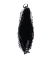 Top view of the Bed Stu Keiki, an open black leather crossbody bag with a zipper closure and adjustable strap, showing its empty interior against a white background.