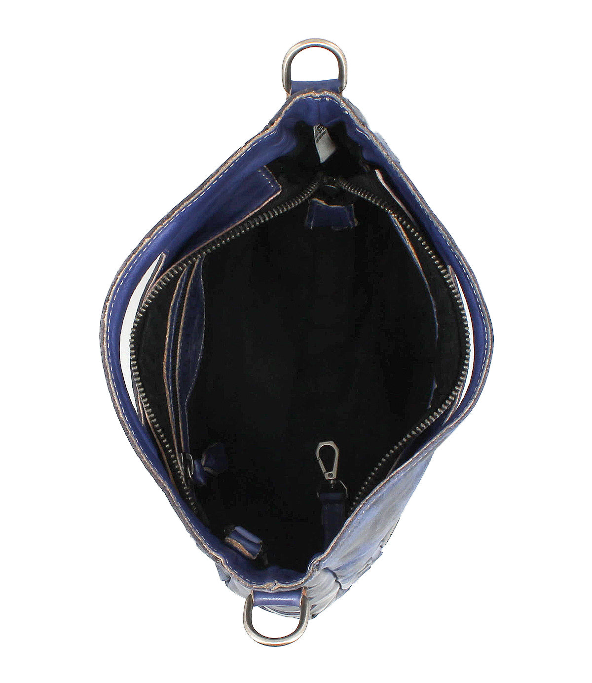 Top view of the Bed Stu Keiki blue crossbody bag featuring woven panels, a zippered pocket, black lining, and an interior clasp attachment.