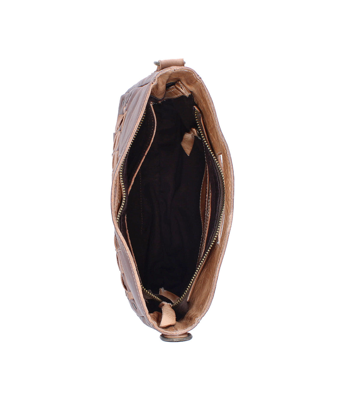 Top view of the Bed Stu Keiki, a compact brown leather crossbody bag featuring a visible zipper closure and dark interior lining.