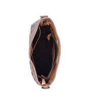 Top view of the Bed Stu Keiki, a compact brown leather crossbody bag featuring a visible zipper closure and dark interior lining.