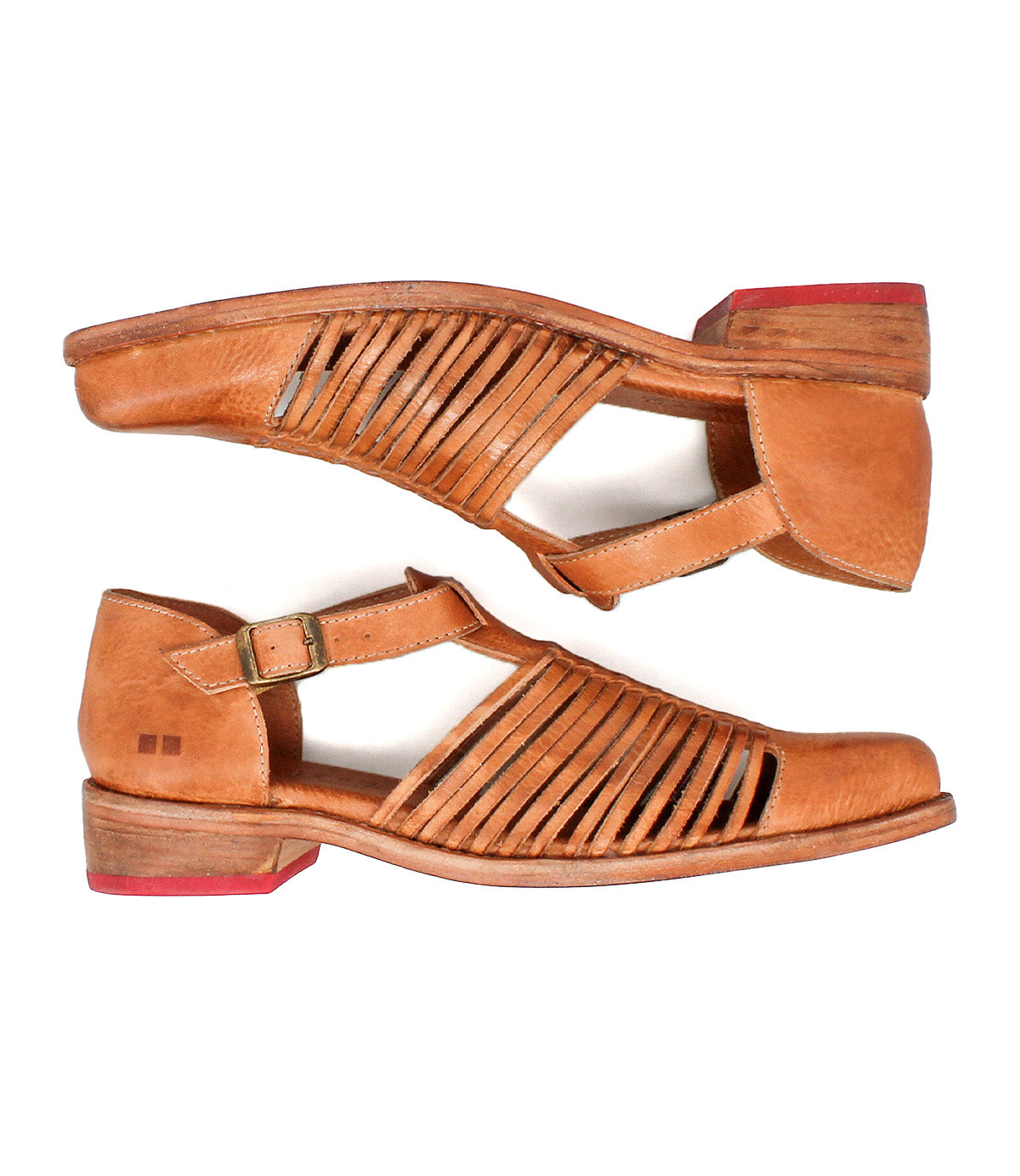 The Bed Stu Kenna sandals feature brown leather with woven cutouts, a closed toe, multiple side straps, buckle closure, low wooden heel, and red accents on the soles.