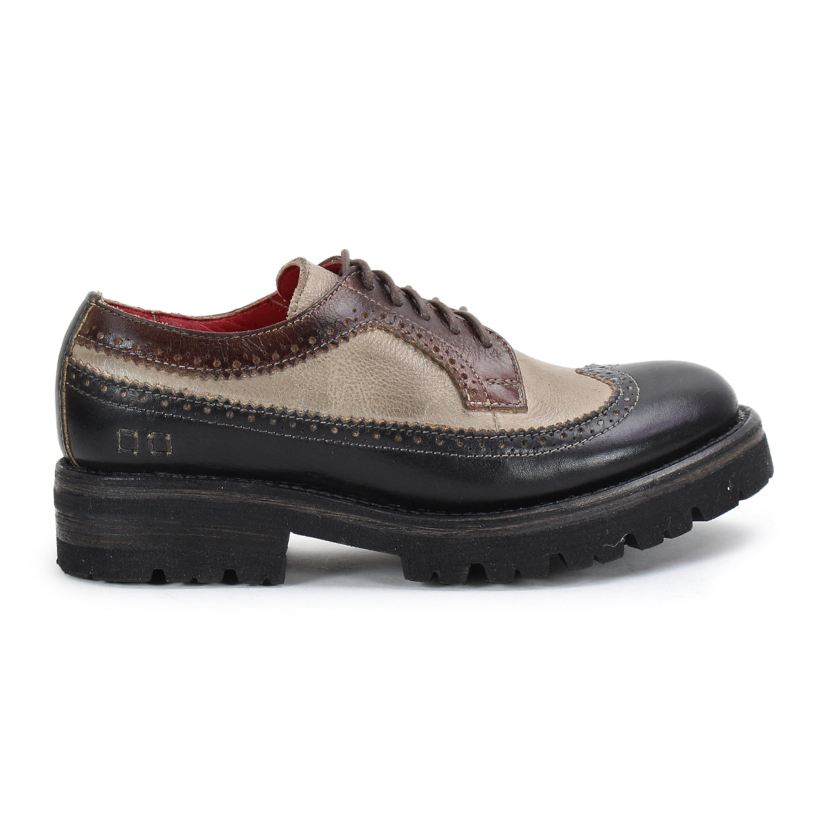 A retro chic two-tone Oxford shoe with brown and beige leather, a black thick sole, and detailed stitching from Bed Stu is called the Lita K III.