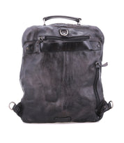 The Lafe by Bed Stu is a spacious black leather backpack featuring visible zippers, a top handle, and a security tab for enhanced peace of mind.
