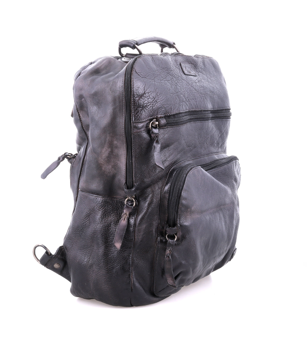 The Lafe by Bed Stu is a spacious black leather backpack featuring multiple zippered compartments, a security tab, top handle, and adjustable shoulder straps, all elegantly displayed against a white background.