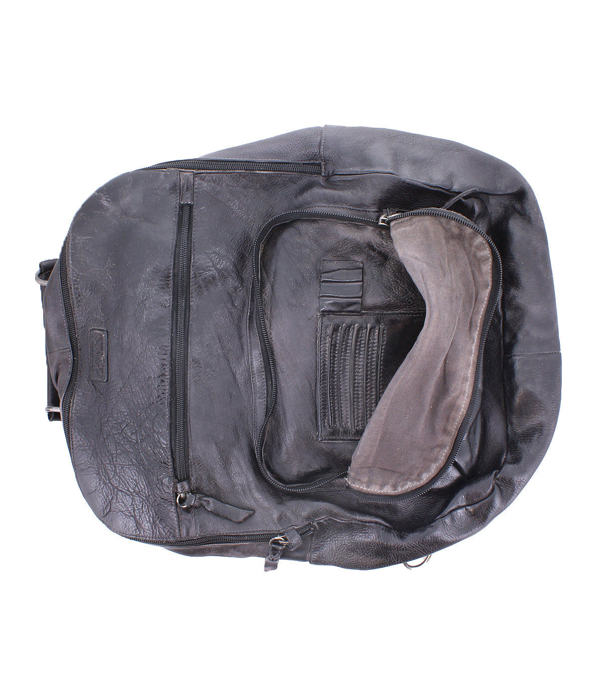 The "Lafe" by Bed Stu is a black leather backpack featuring multiple zippers, a front open pocket, and visible seams. Its spacious interior holds essentials securely with a safety tab. The handle and shoulder straps are partially visible for added style.